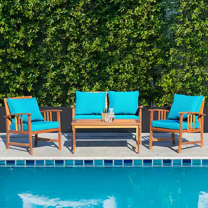 Front. Gymax - Gymax 4pcs Wooden Patio Furniture Set Table & Sectional Sofa w/ Turquoise Cushion - as pic.