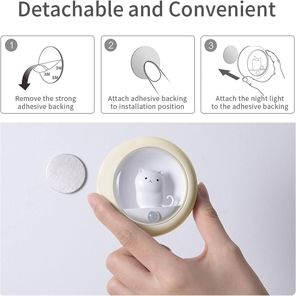 Detachable and Convenient

1. Remove the strong adhesive backing
2. Attach adhesive backing to installation position
3. Attach the night light to the adhesive backing