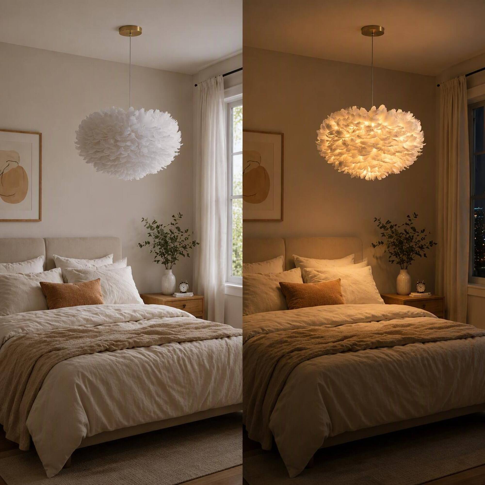 Back. RYHNUYNE - 18 In White 3-Light Feather Chandelier, Modern Fixture 49 In Adjustable Hanging Height Real Goose Feathers - Milk White.