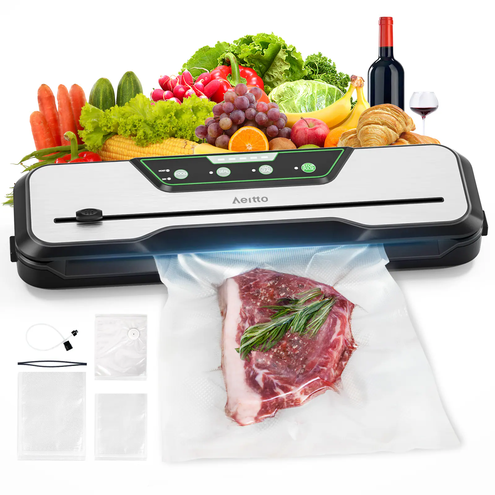 Aeitto - 8 in 1 Vacuum Sealer Machine with Starter Kit, 80Kpa Freezer Sealer Vacuum - Silver