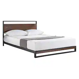 Hivvago - Queen size Metal Wood Platform Bed Frame with Headboard - Brown