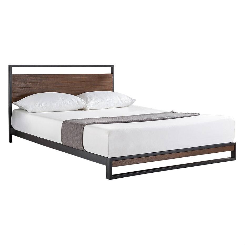 Hivvago - Queen size Metal Wood Platform Bed Frame with Headboard - Brown
