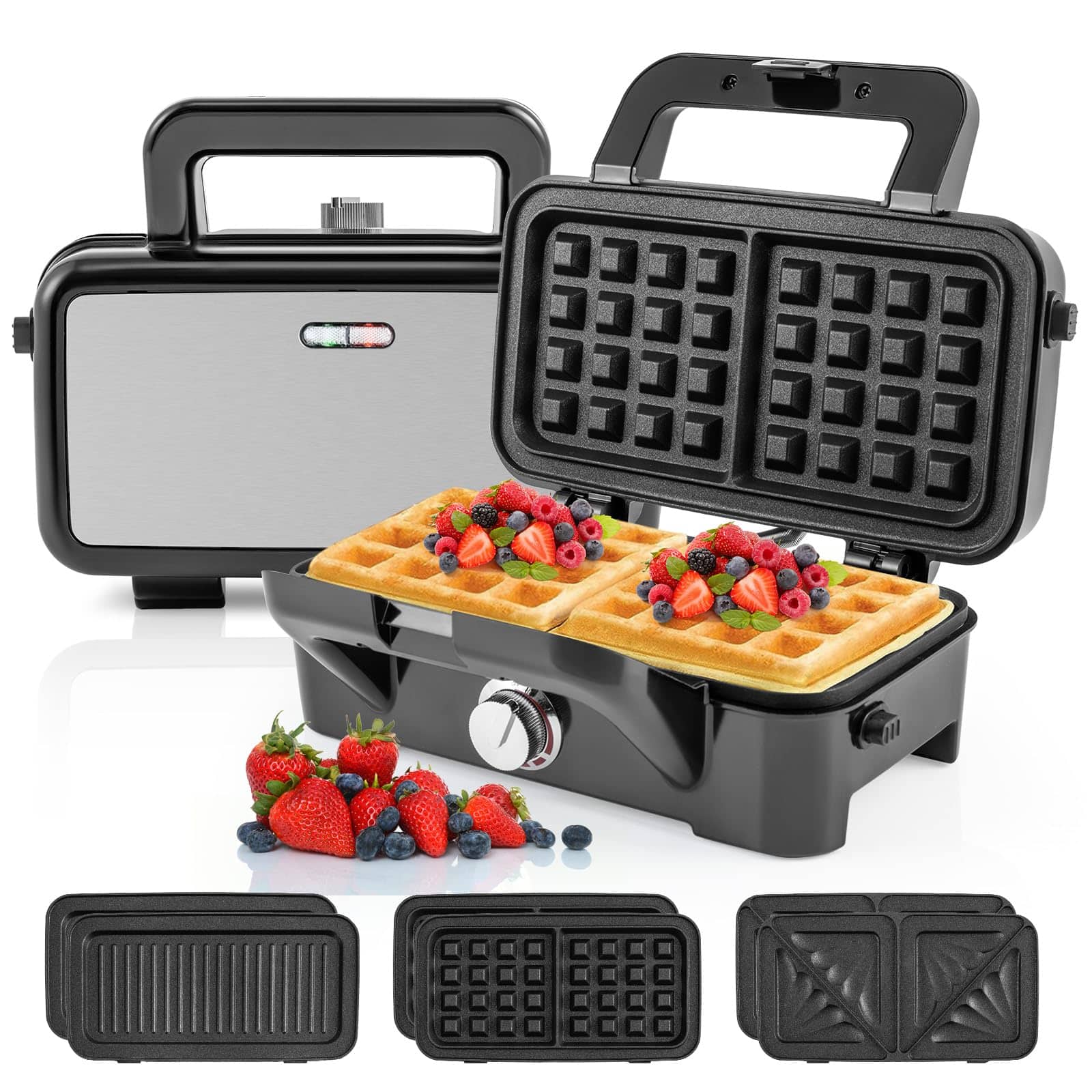 Ecooso - 3-in-1 Sandwich Maker 1082W, Removable Nonstick Plates, Panini Press + Waffle + Grill - Black/Silve