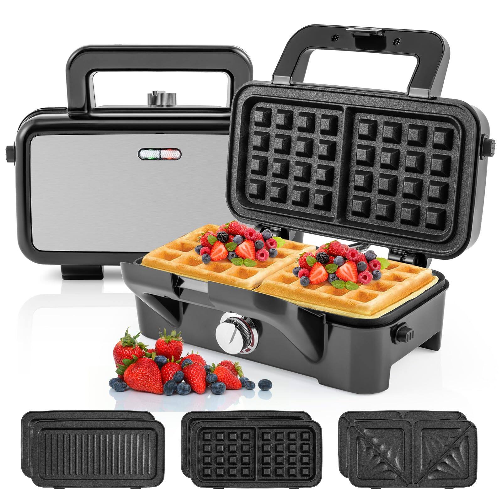 Front. Ecooso - 3-in-1 Sandwich Maker 1082W, Removable Nonstick Plates, Panini Press + Waffle + Grill - Black/Silve.