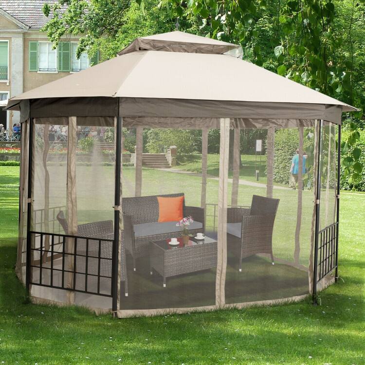 Left. Mondawe - 10x12ft Freestanding Octagonal Patio Gazebo w/ Netting Sidewalls, Outdoor Metal Frame Canopy with PU Top - Beige.