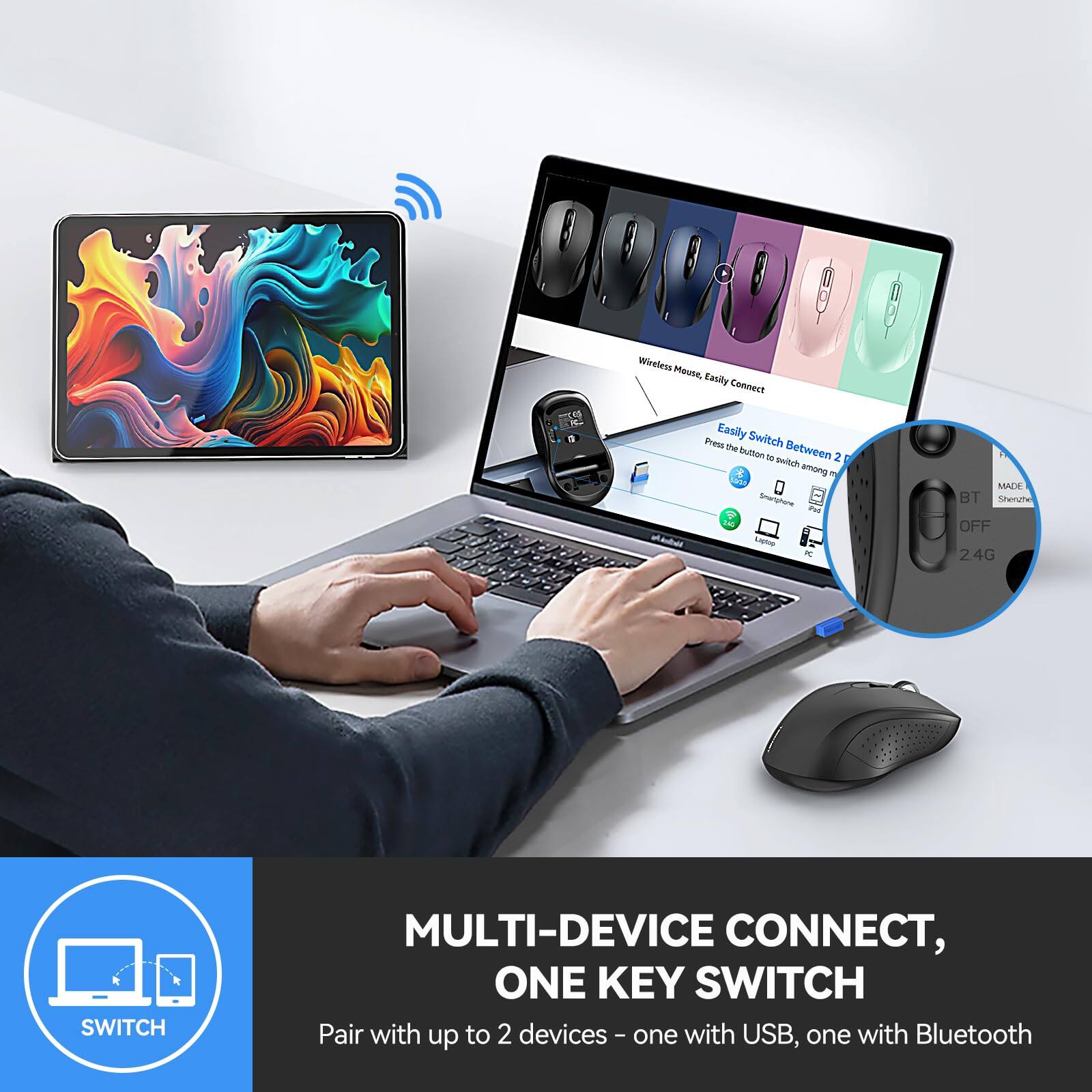 Sure, here is the corrected and grouped text:

---

**Wireless Mouse, Easily Connect**

**Easily Switch Between 2 Devices**

Press the button 10 times to switch among 2 devices

- Smartphone
- Laptop
- PC

**MULTI-DEVICE CONNECT, ONE KEY SWITCH**

Pair with up to 2 devices – one with USB, one with Bluetooth

---

**24G SWITCH**

**MAC BT**

**MADE IN SHENZHEN**

---

**SWITCH**

Pair with up to 2 devices – one with USB, one with Bluetooth

---
