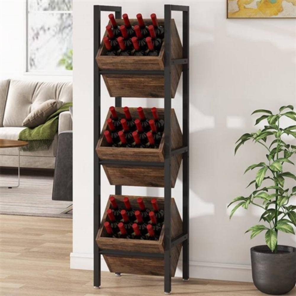 Angle. Hivvago - Rustic Farmhouse Industrial 3 Bin 36 Bottle Wine Rack Storage Display Shelf - Brown.