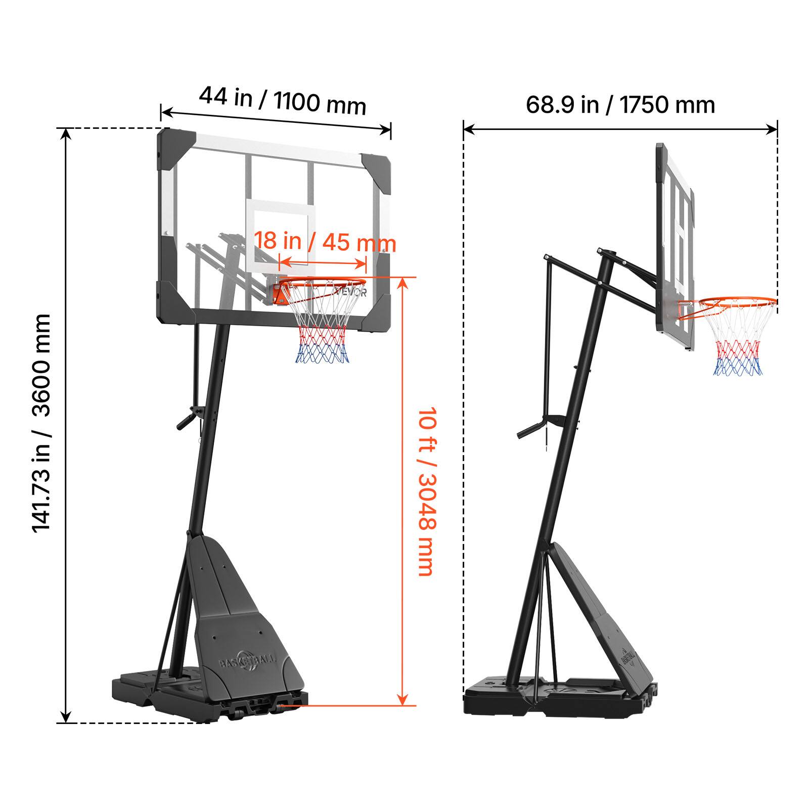 44 in / 1100 mm  
68.9 in / 1750 mm  
18 in / 45 mm  
3600 mm / 141.73 in  
10 ft / 3048 mm