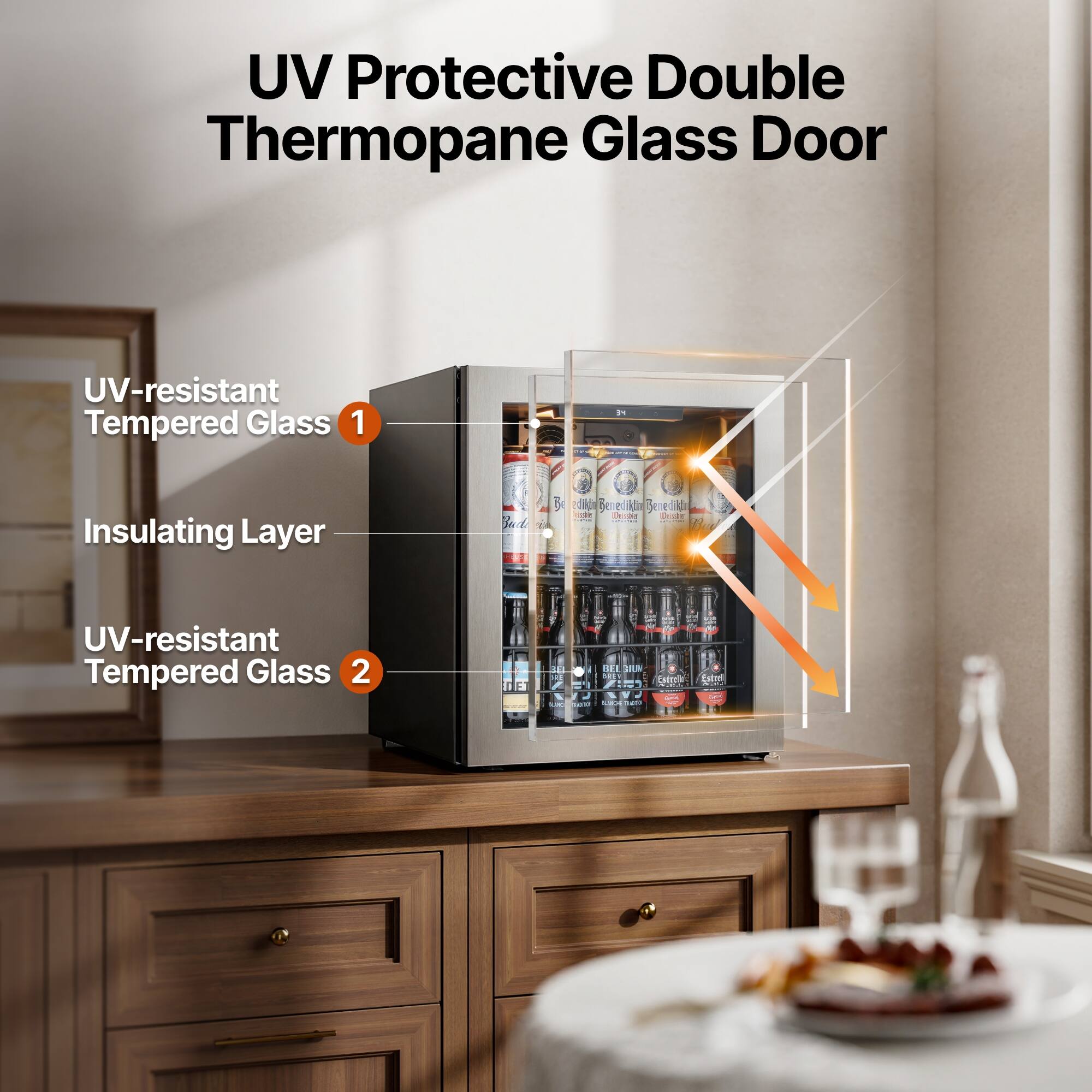 UV Protective Double Thermopane Glass Door

1. UV-resistant Tempered Glass
2. Insulating Layer
3. UV-resistant Tempered Glass