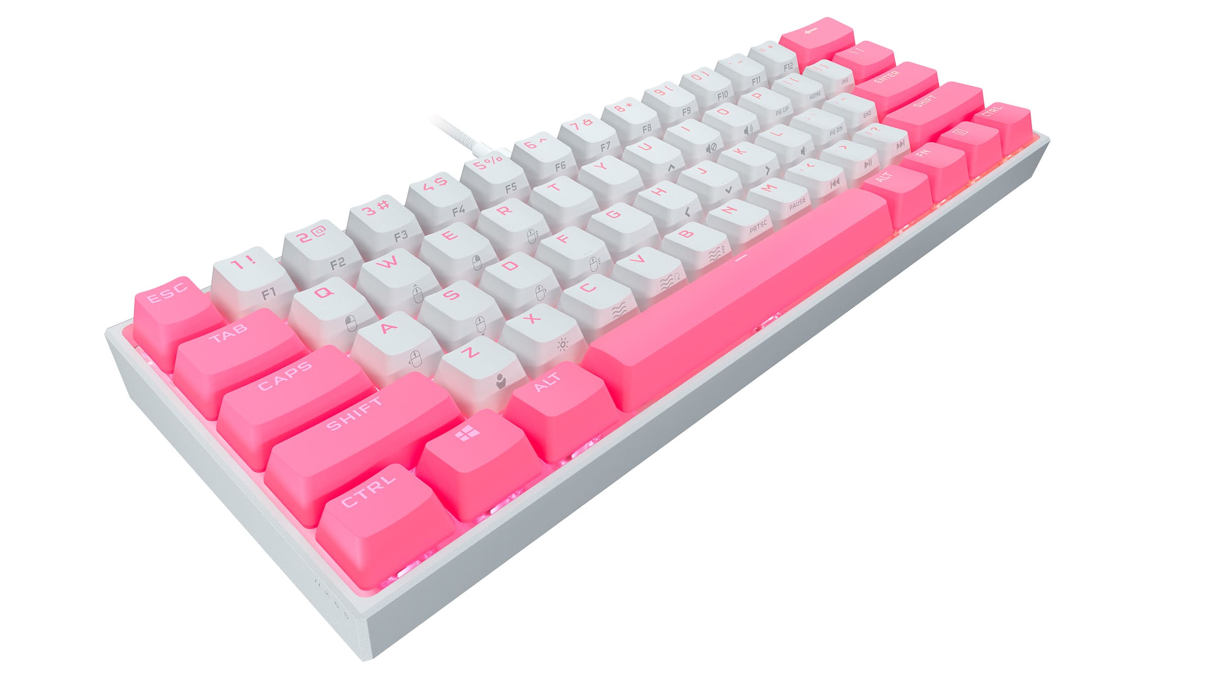 Angle. CORSAIR - K65 RGB Mini Wired 60% Mechanical Cherry MX SPEED Linear Switch Gaming Keyboard with PBT Double-Shot Keycaps - Flavor Rush Bubblegum Pop.