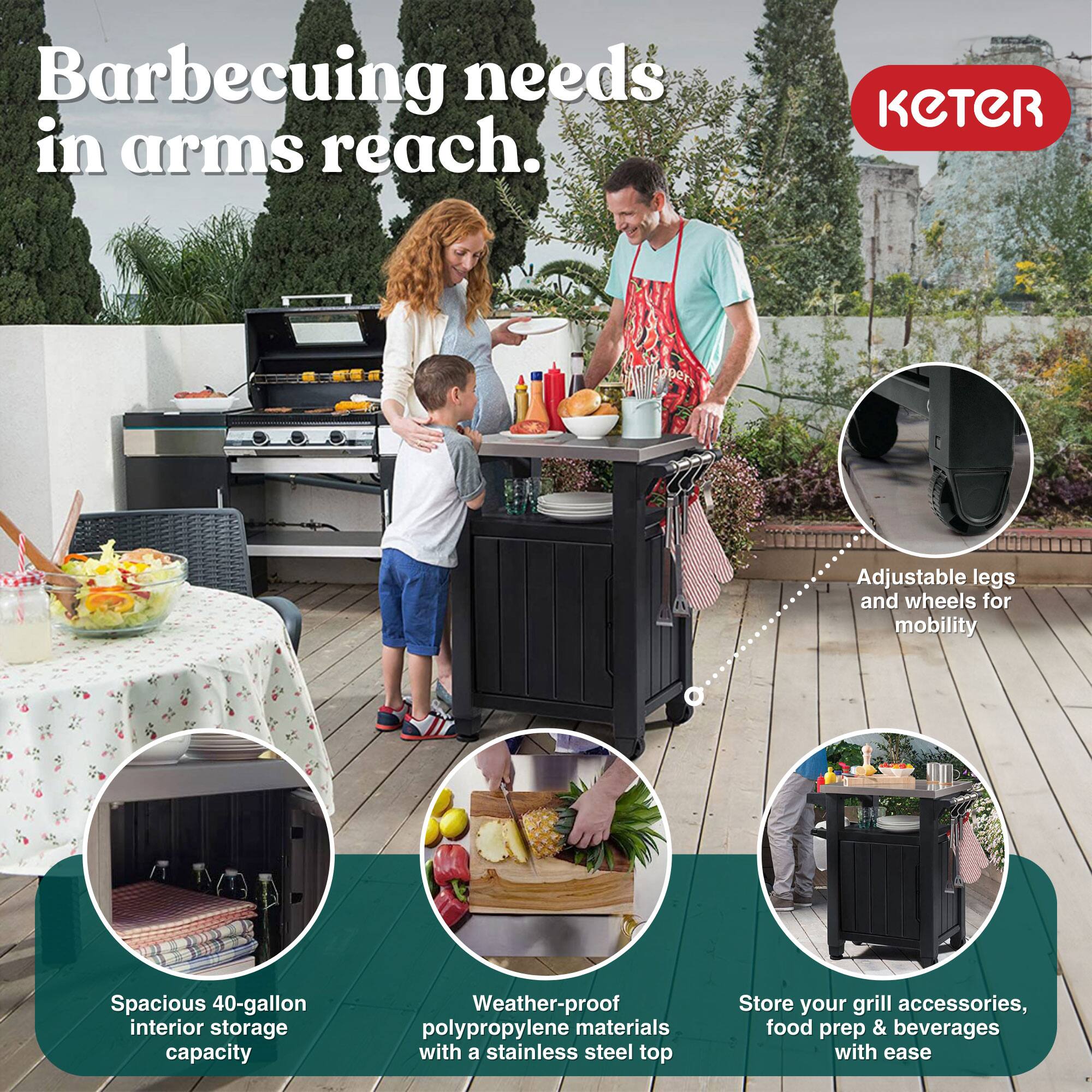 Barbecuing needs in arms reach.

- Adjustable legs and wheels for mobility
- Spacious 40-gallon interior storage capacity
- Weather-proof polypropylene materials with a stainless steel top
- Store your grill accessories, food prep & beverages with ease