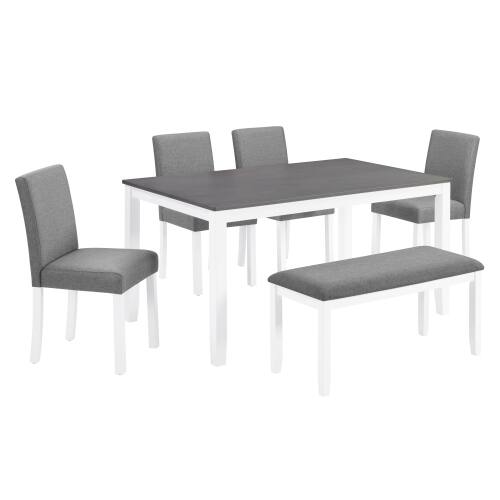 Alt View 6. LUCKY ONE - 6-Piece Dining Set with 58.5" Rectangular Dining Table, Bench and 4 Upholstered Chairs - Grey+White.
