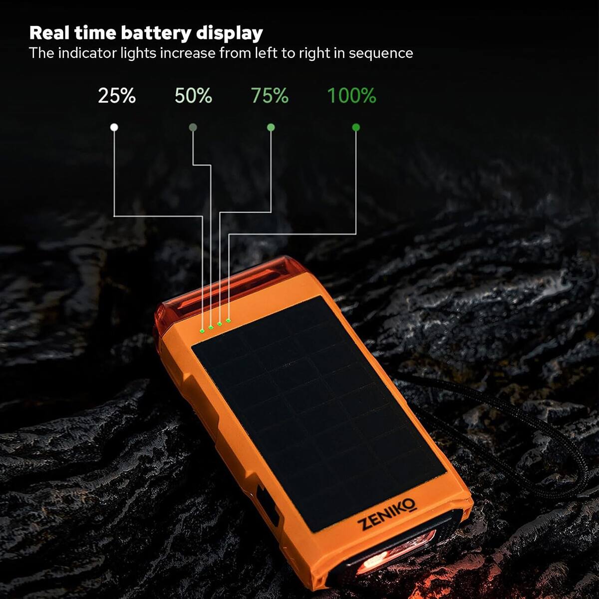 Real time battery display  
The indicator lights increase from left to right in sequence  
25% 50% 75% 100%  
ZENIKO
