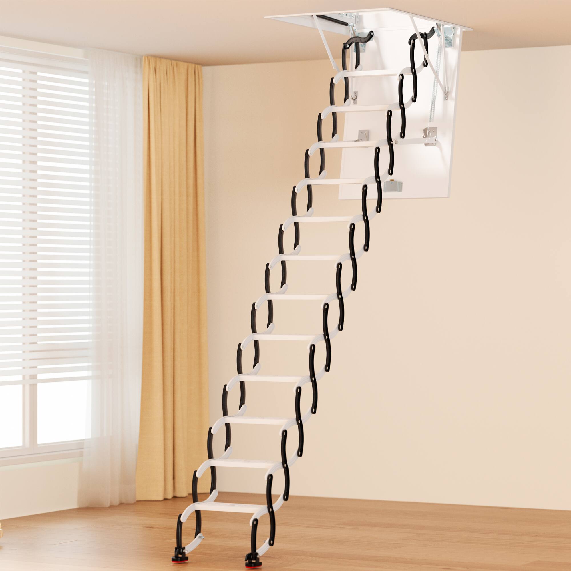 Back. Topteng - 12-Step Black Folding Attic Ladder -660lb Capacity,Alloy Steel,Ceiling Mount for 39.4"x27.5" Opening,Space-Saving Design - White.