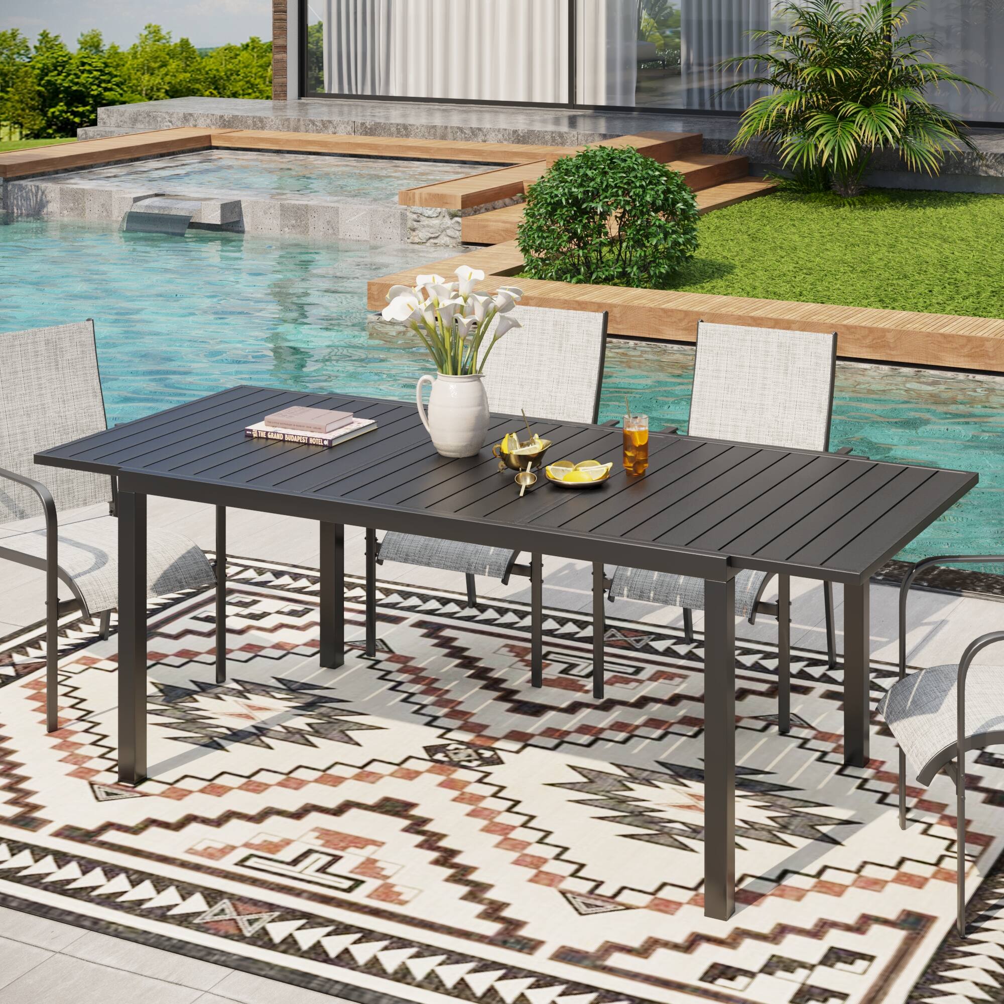 Left. U-HOMY - Extendable Outdoor Dining Table Set for 6-8 Person Rectangular Adjustable Patio Furniture for Porch Backyard and Garden - Black.