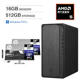 HP - OmniDesk Desktop (Ryzen 5, 16GB, 512GB SSD, WiFi 6, Win 11 Pro) Bundle with Two Monitors 24 inch and USB Hub - Gray Wood