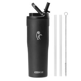 Coolflask - Slim Tumbler Stainless Steel with Straw & Handle - Fits Car Cup Holder - 32oz Black