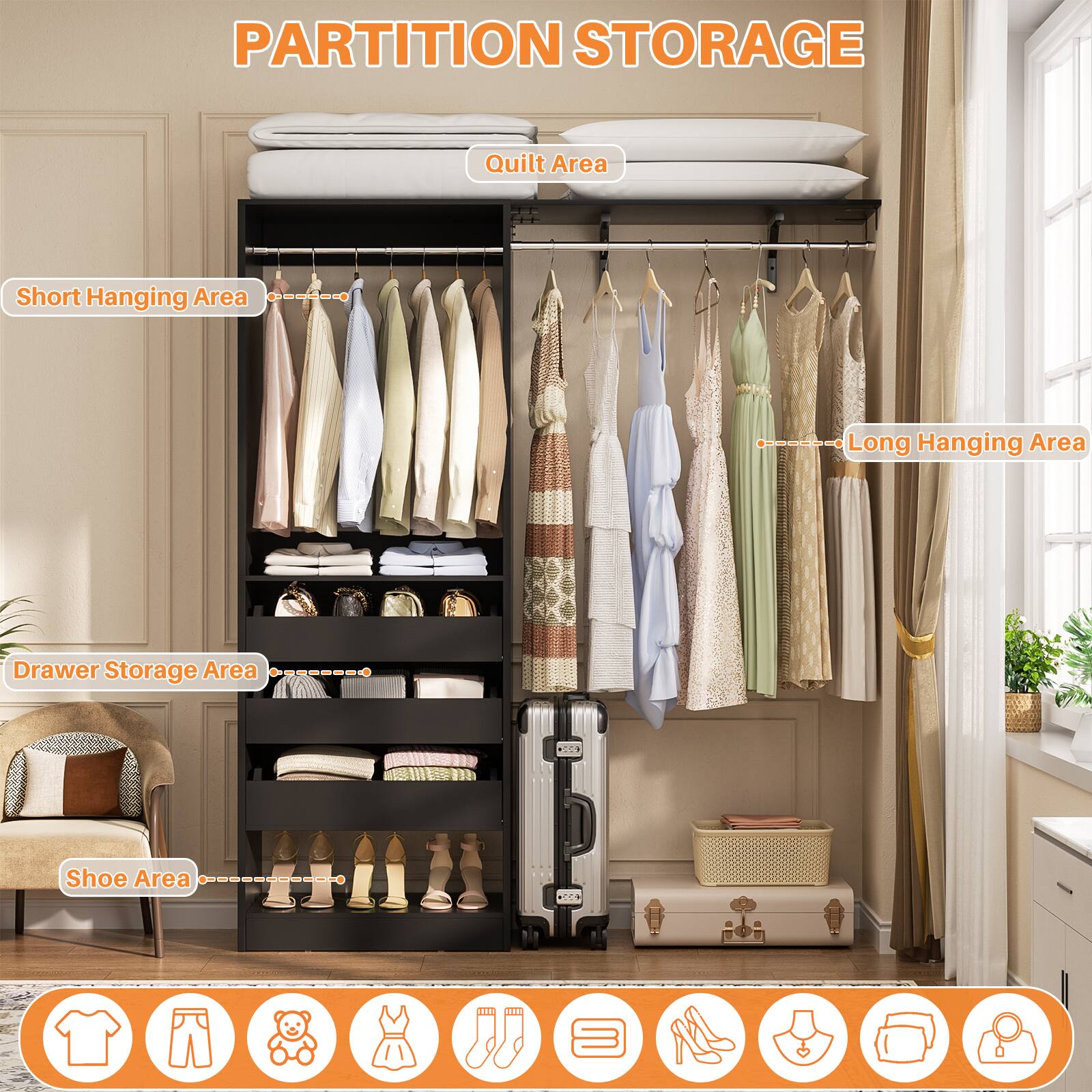 PARTITION STORAGE

- Quilt Area
- Short Hanging Area
- Long Hanging Area
- Drawer Storage Area
- Shoe Area