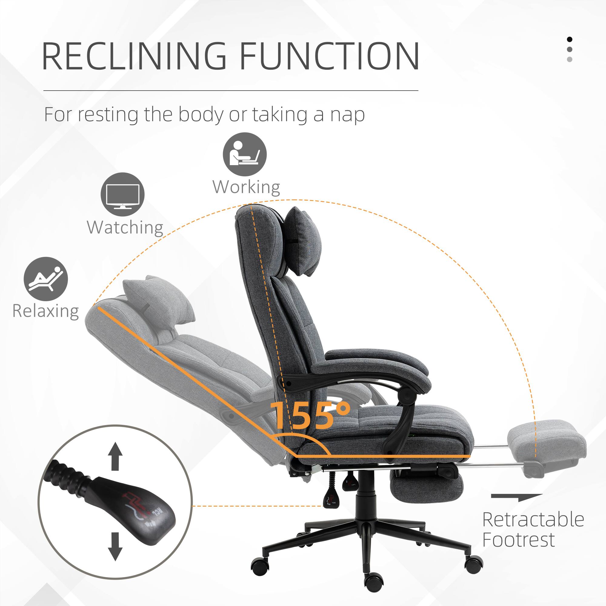 RECLINING FUNCTION, For resting the body or taking a nap, Working, Watching, Relaxing, 155, Retractable Footrest