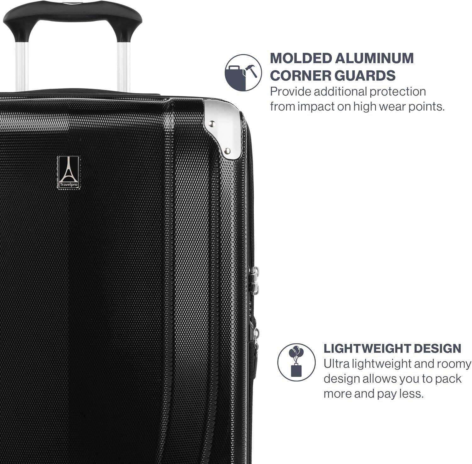MOLDED ALUMINUM CORNER GUARDS  
Provide additional protection from impact on high wear points.  

A Traveipro LIGHTWEIGHT DESIGN  
Ultra lightweight and roomy design allows you to pack more and pay less.