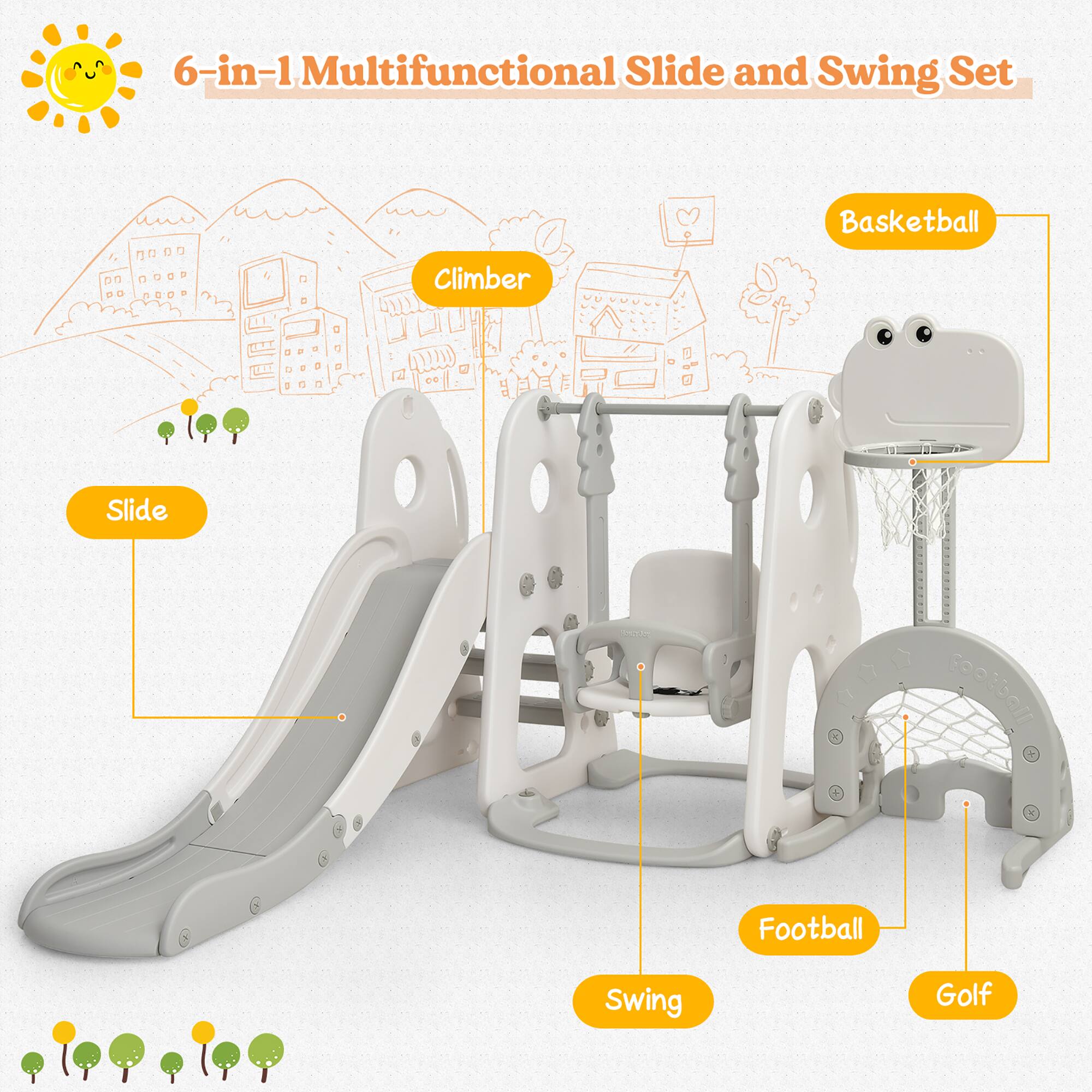 6-in-1 Multifunctional Slide and Swing Set, Basketball, Climber, Slide, Swing, Football, Golf