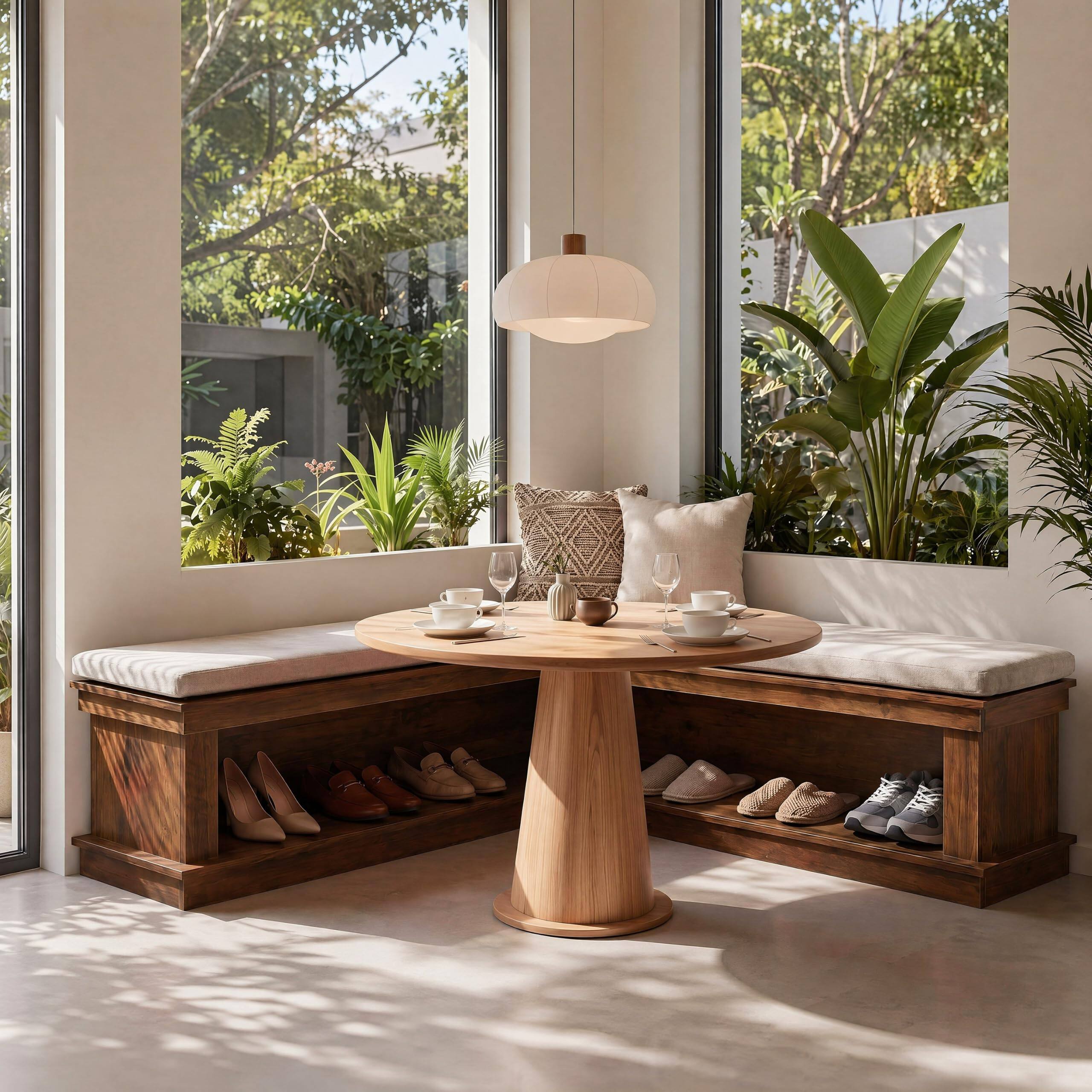 Alt View 3. Tribesigns - 55" L-Shaped Corner Storage Bench with Cushion - Rustic Brown & White.