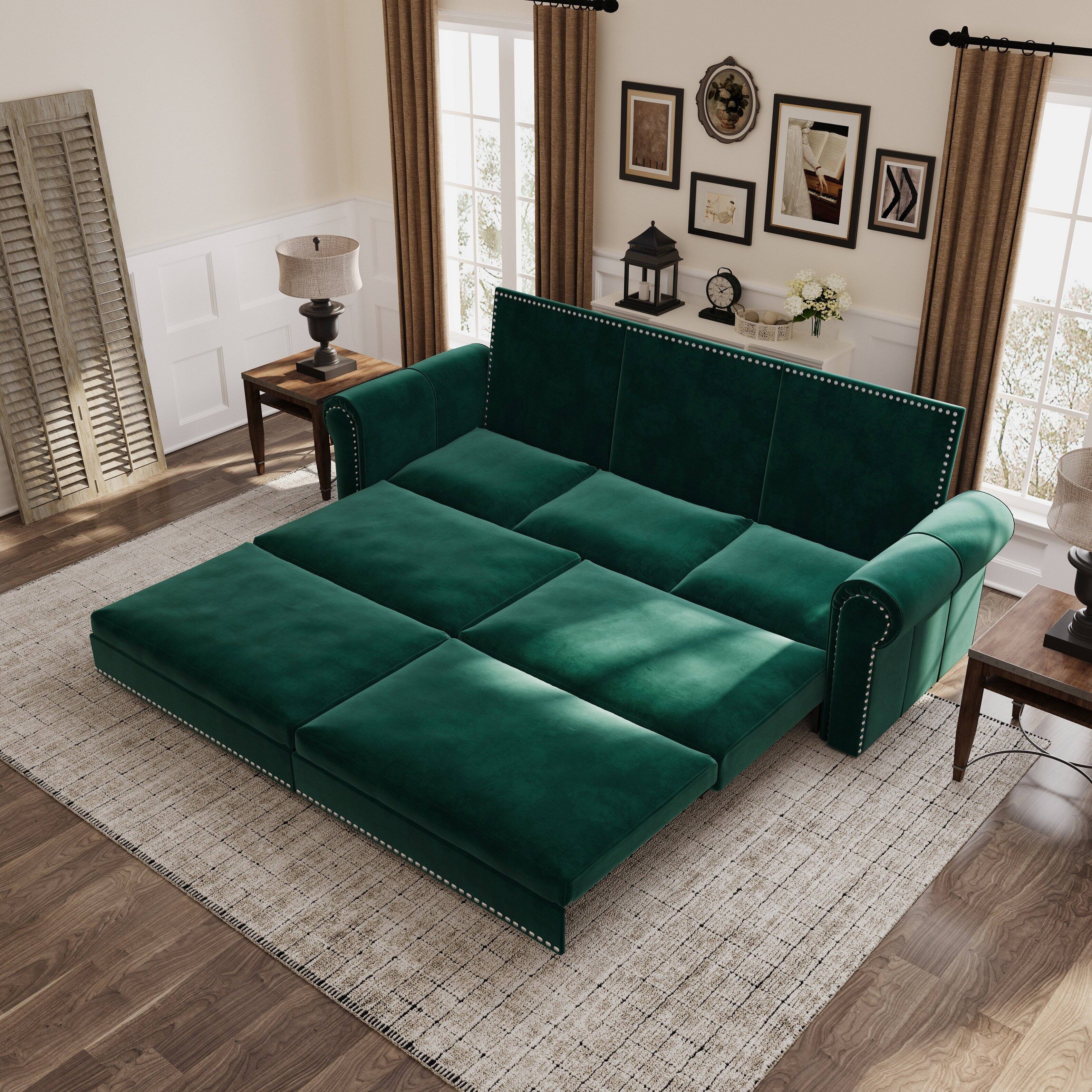 Left. Anysun - 93.7" 3-in-1 Velvet Convertible Sofa Bed - King Pull-Out Sleeper, Nailhead Trim & Rolled Arms for Living Room & Bedroom - Green.