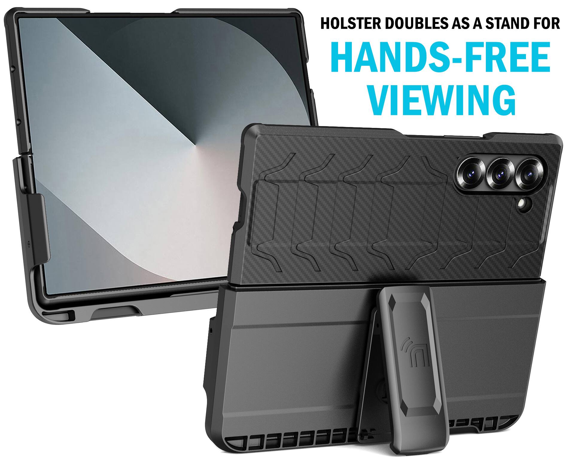 Holster doubles as a stand for hands-free viewing