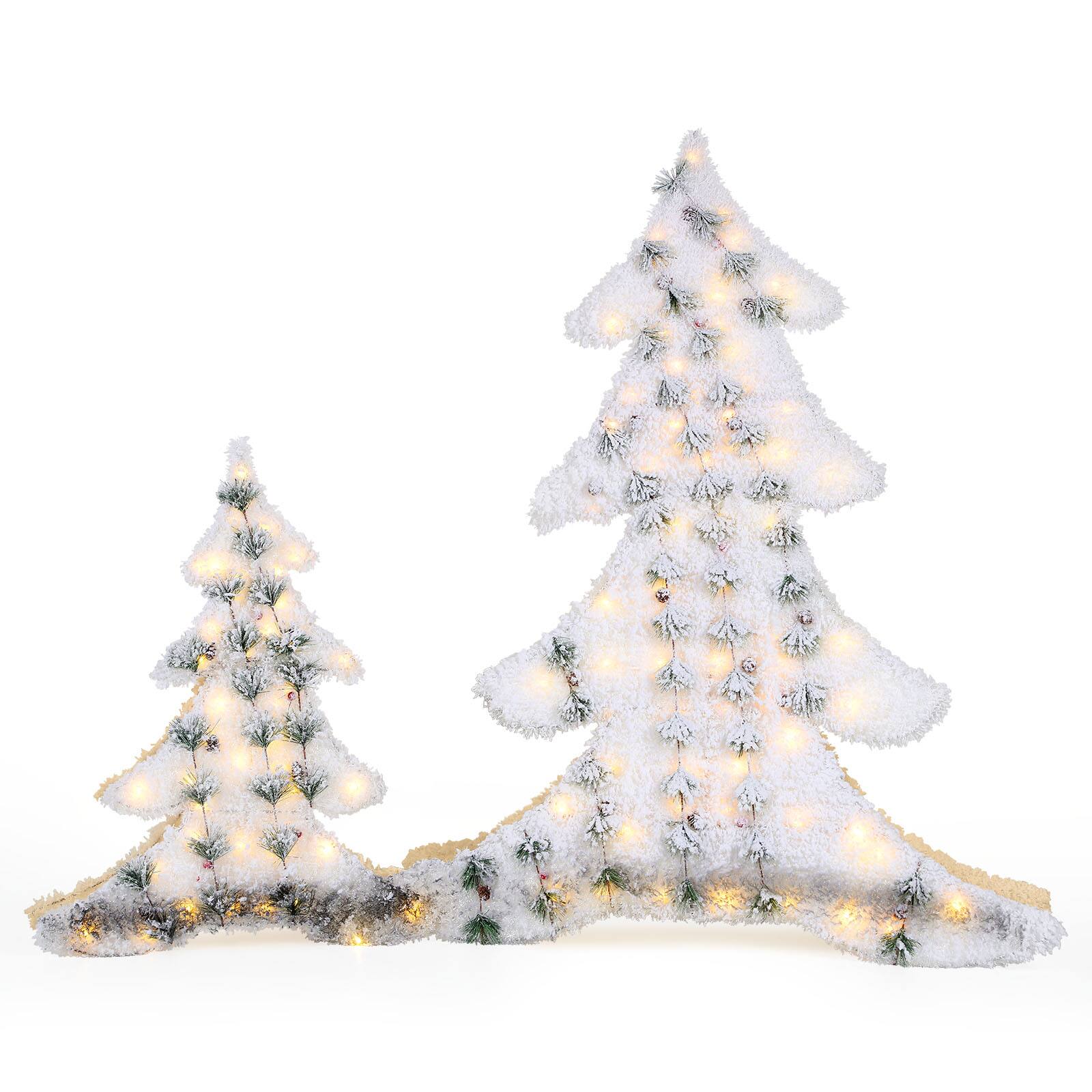 Angle. Oumilen - 2‑Pack Pre‑Lit Flocked Christmas Tree Yard Decor – Medium & Small Lighted Snow‑Flocked Trees with Warm LED.