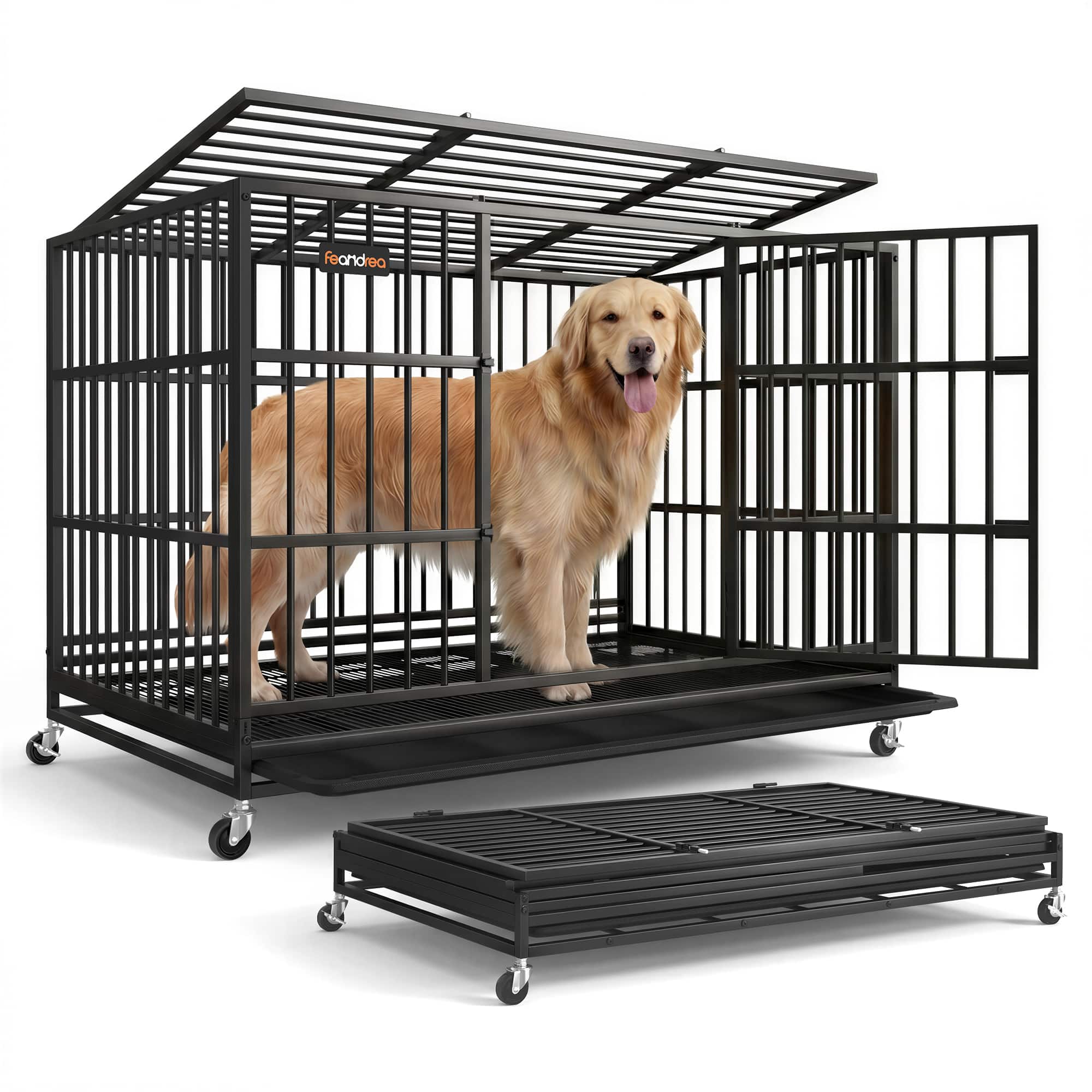Songmics Home - Heavy-Duty Dog Crate, 5-Minute Quick Assembly, Foldable Dog Kennel Cage with Lockable Wheels, Double Doors - Ink Black