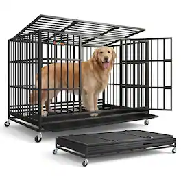 Songmics Home - Heavy-Duty Dog Crate, 5-Minute Quick Assembly, Foldable Dog Kennel Cage with Lockable Wheels, Double Doors - Ink Black