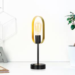 Oumilen - Modern Oval Ring Table Lamp with USB & AC Outlet – Black & Gold Metal Desk Lamp for Bedroom