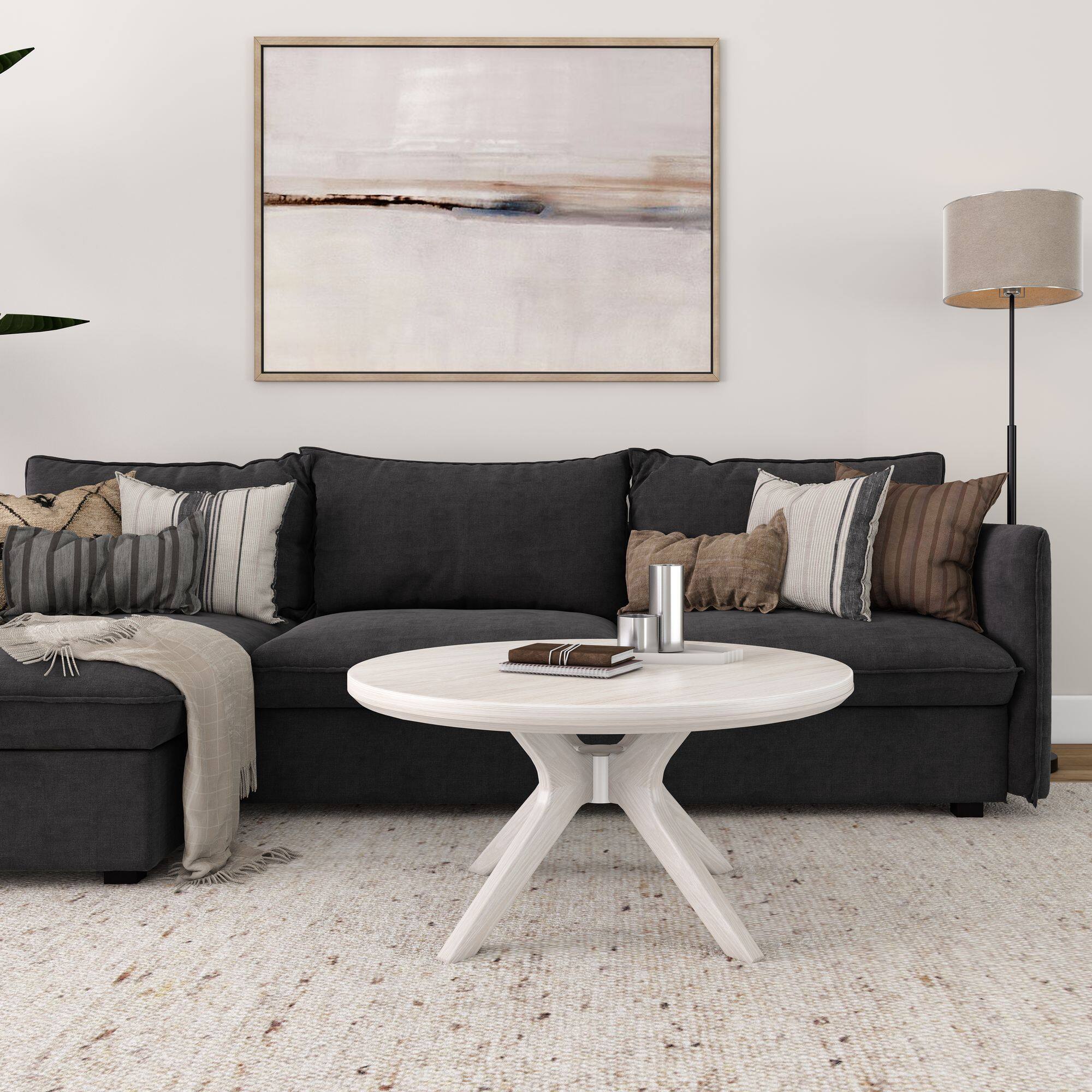 Alt View 1. Plank+Beam - Cross Leg Round Coffee Table (36in x 36in / 910mm x 910mm), White Sand Wirebrush - White Sand Wirebrush.