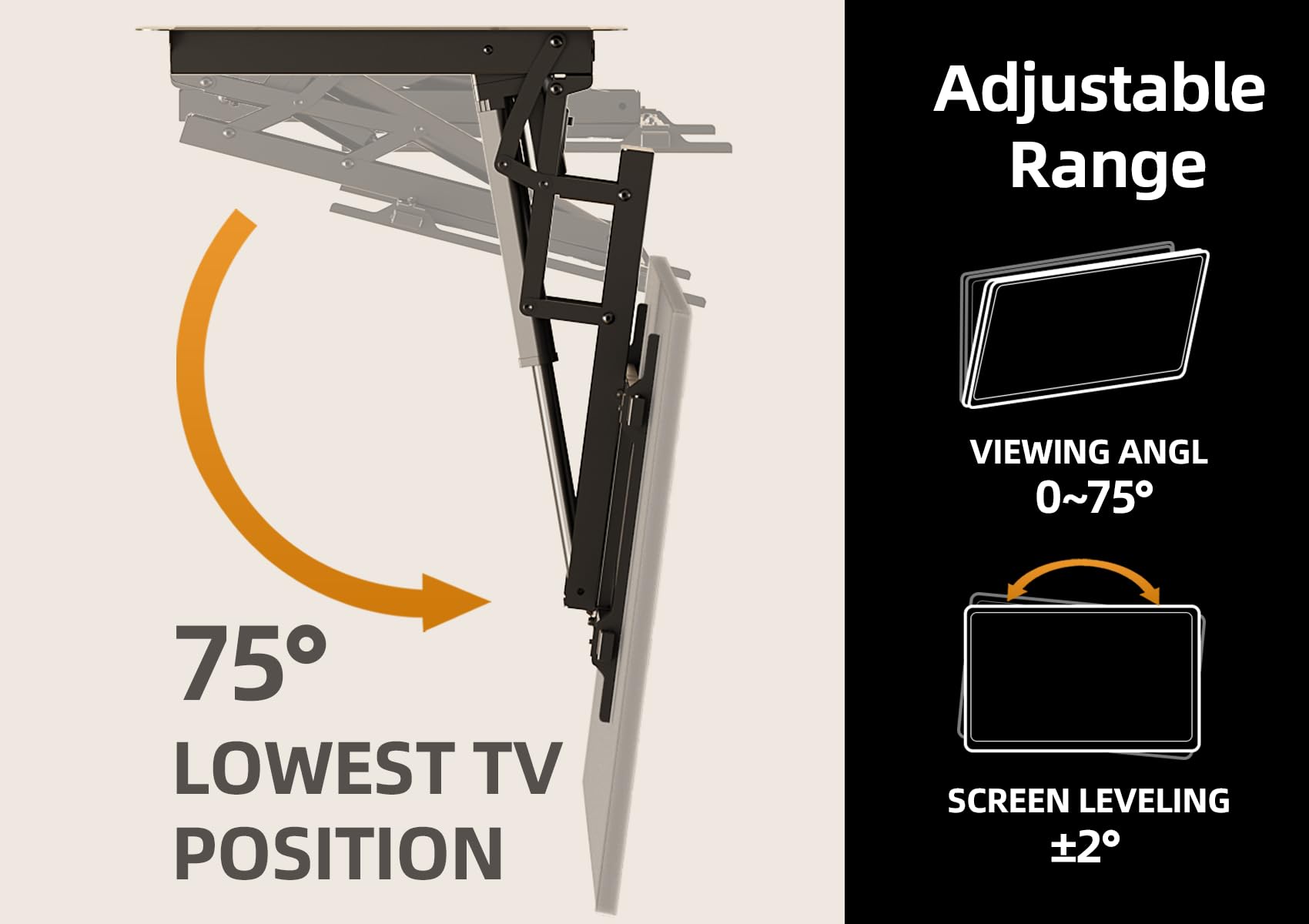 Adjustable Range  
VIEWING ANGLE 0~75°  
SCREEN LEVELING ±2°  

75° LOWEST TV POSITION