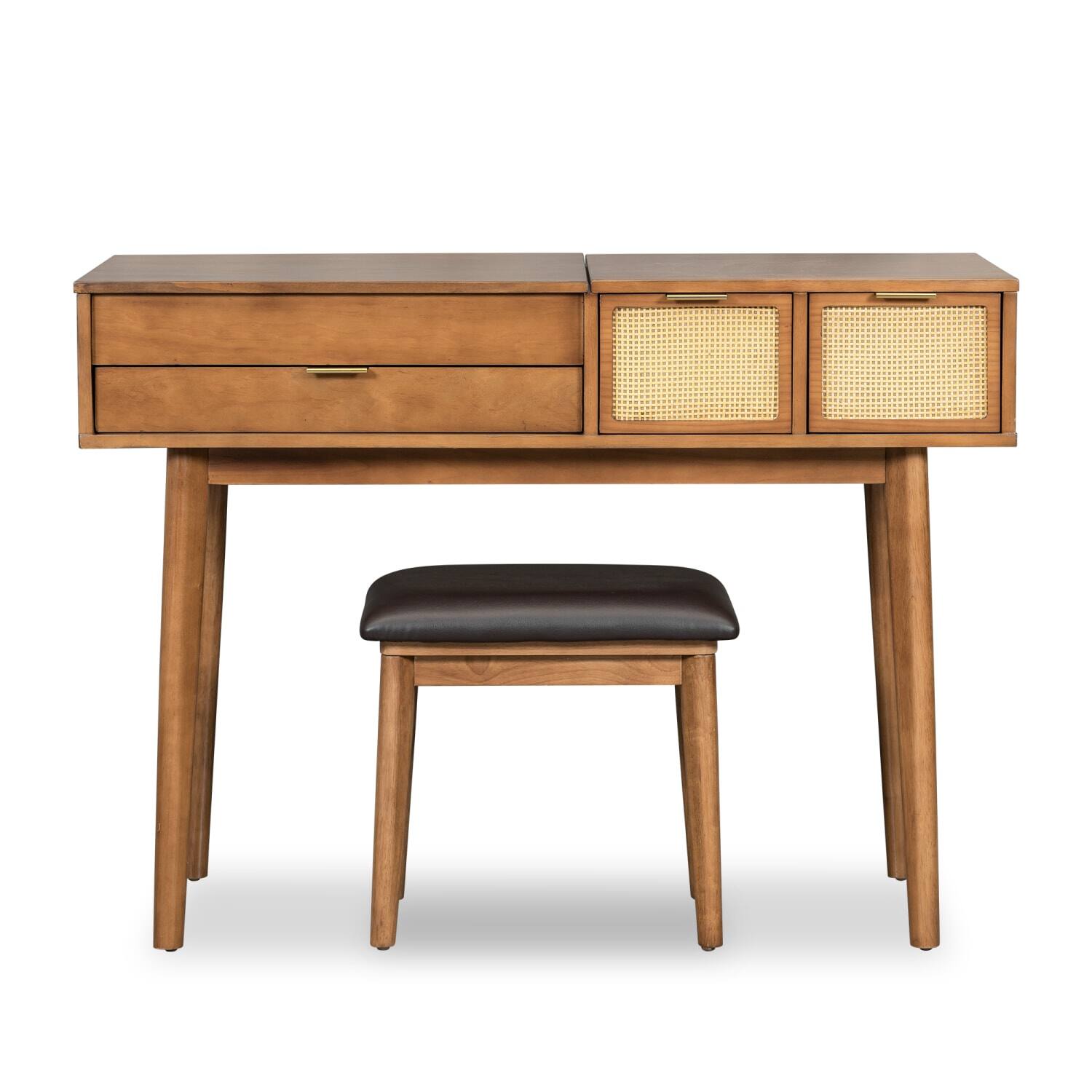 Left. Lirago - Brown Wood Dressing Table with Mirror Drawers Stool  Dresser Desk for Makeup Storage 19.7”D x 43.3“ W x 31.7“ H - Brown.