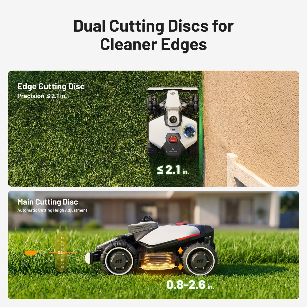Dual Cutting Discs for Cleaner Edges

Edge Cutting Disc
Precision ≤ 2.1 in.

Main Cutting Disc
Automatic Cutting Height Adjustment
0.8-2.6 in.
