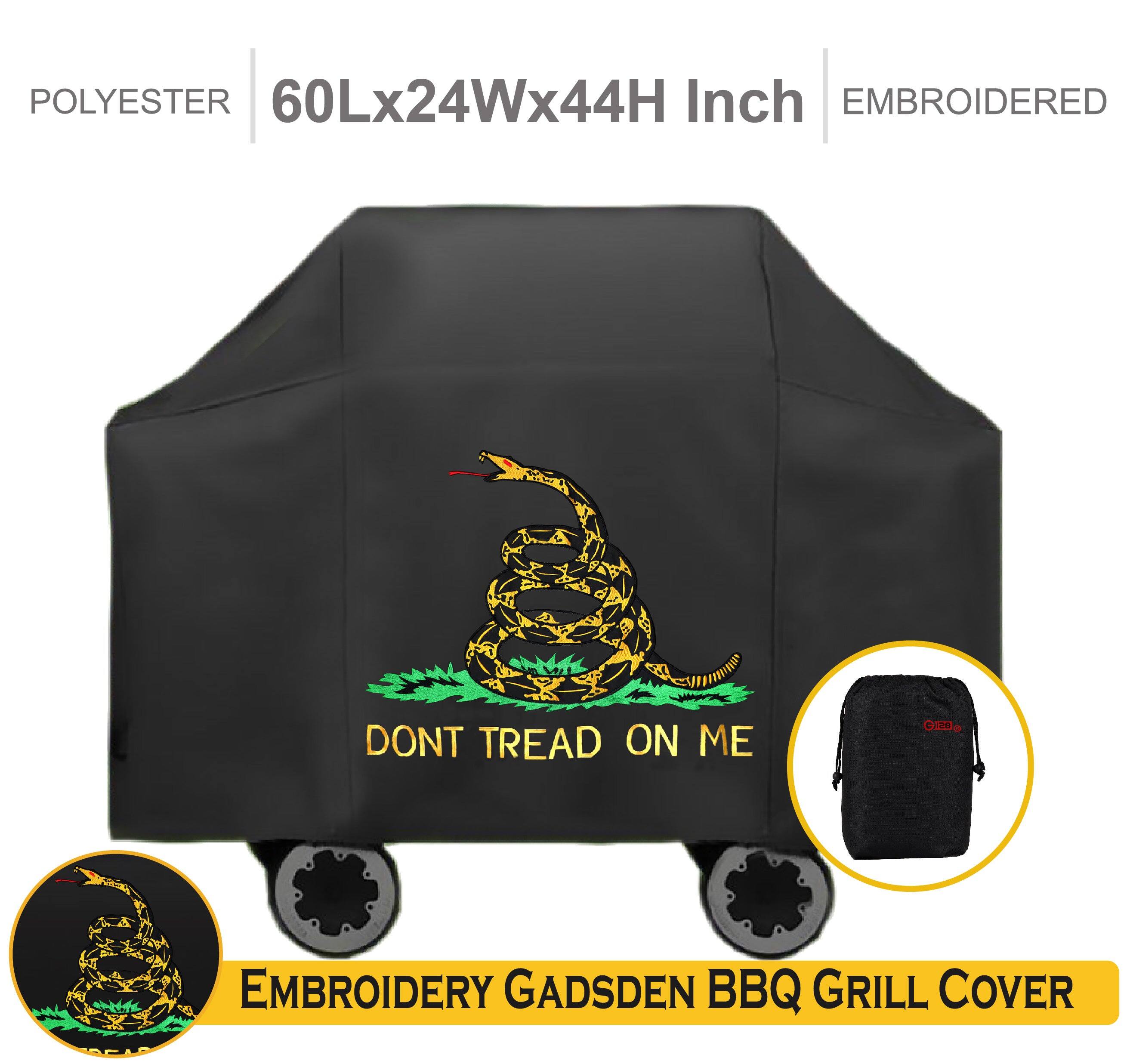 POLYESTER  
60Lx24Wx44H Inch  
EMBROIDERED  

DONT TREAD ON ME  

EMBROIDERY GADSDEN BBQ GRILL COVER