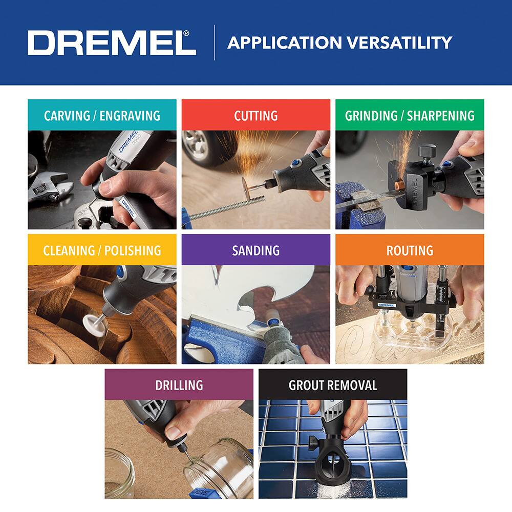 DREMEL APPLICATION VERSATILITY

- CARVING / ENGRAVING
- CUTTING
- GRINDING / SHARPENING
- CLEANING / POLISHING
- SANDING
- ROUTING
- DRILLING
- GROUT REMOVAL