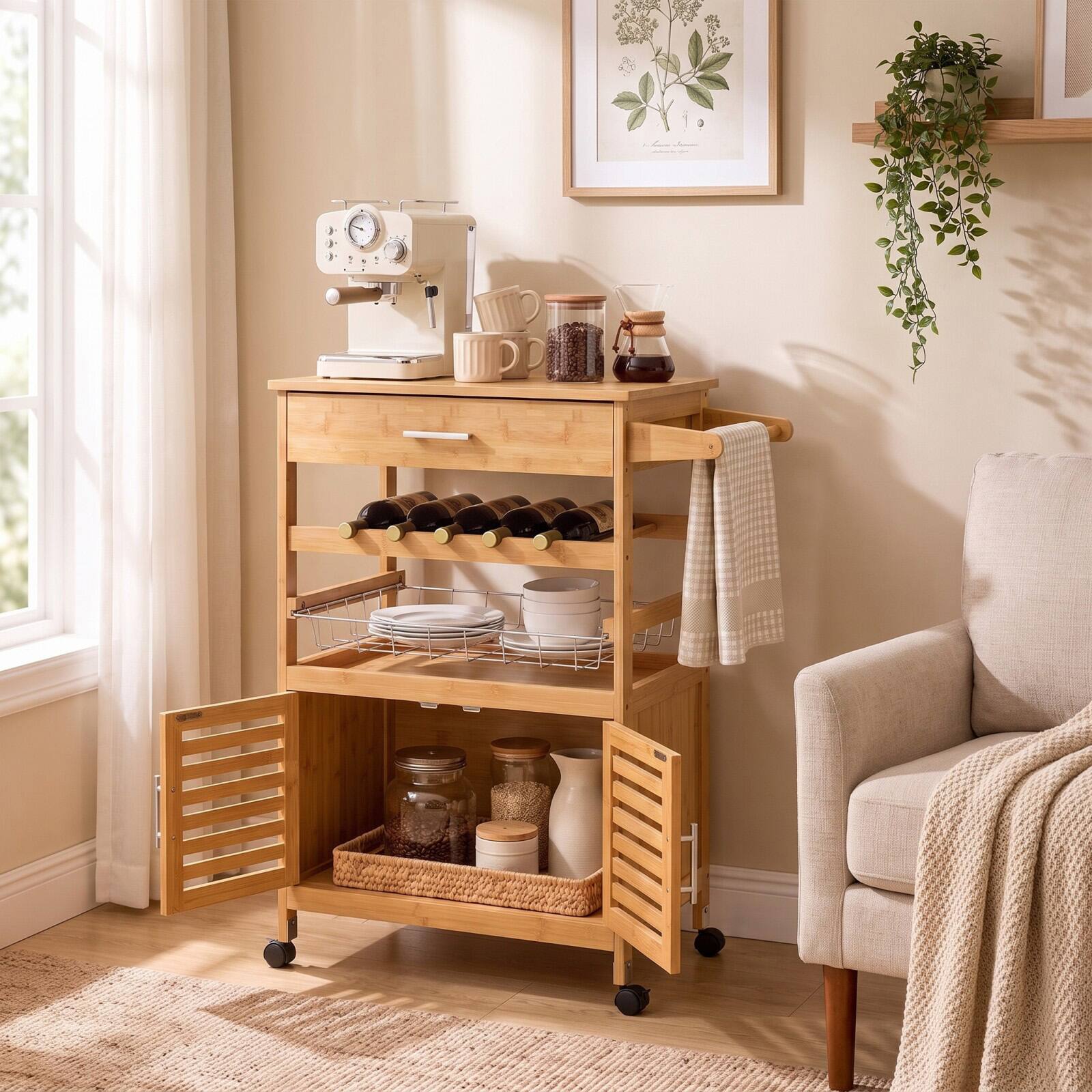 Alt View 1. Costway - Costway Bamboo Rolling Kitchen Island Trolley with Storage Cabinet, Wine Rack, Towel Rack - Natural.