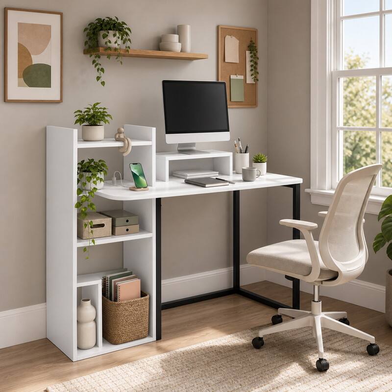 Angle. WELLFOR - 43.5 in Computer Desk with Storage Shelves &  Charging Station, Wood Home Office Desk for Small Spaces - White.