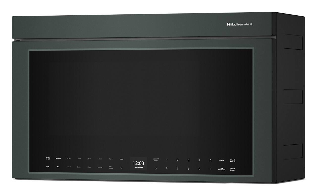 KitchenAid

- Display On/Off
- Settings
- Air Fry
- Toast
- Bake
- Broil
- Light
- Fan
- Reheat
- Sauté
- Melt
- Dehydrate

12:03
Saturday Jan 1

1 2 3 4 5
6 7 8 9 0

- Cancel
- Start
- Door Open