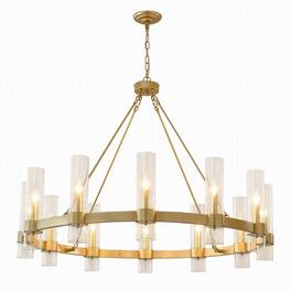 RYHNUYNE - 39.4-Inch Gold Wagon Wheel Chandelier, 12-Light Pendant with Seeded Glass Shades, Adjustable Chain for Dining Room