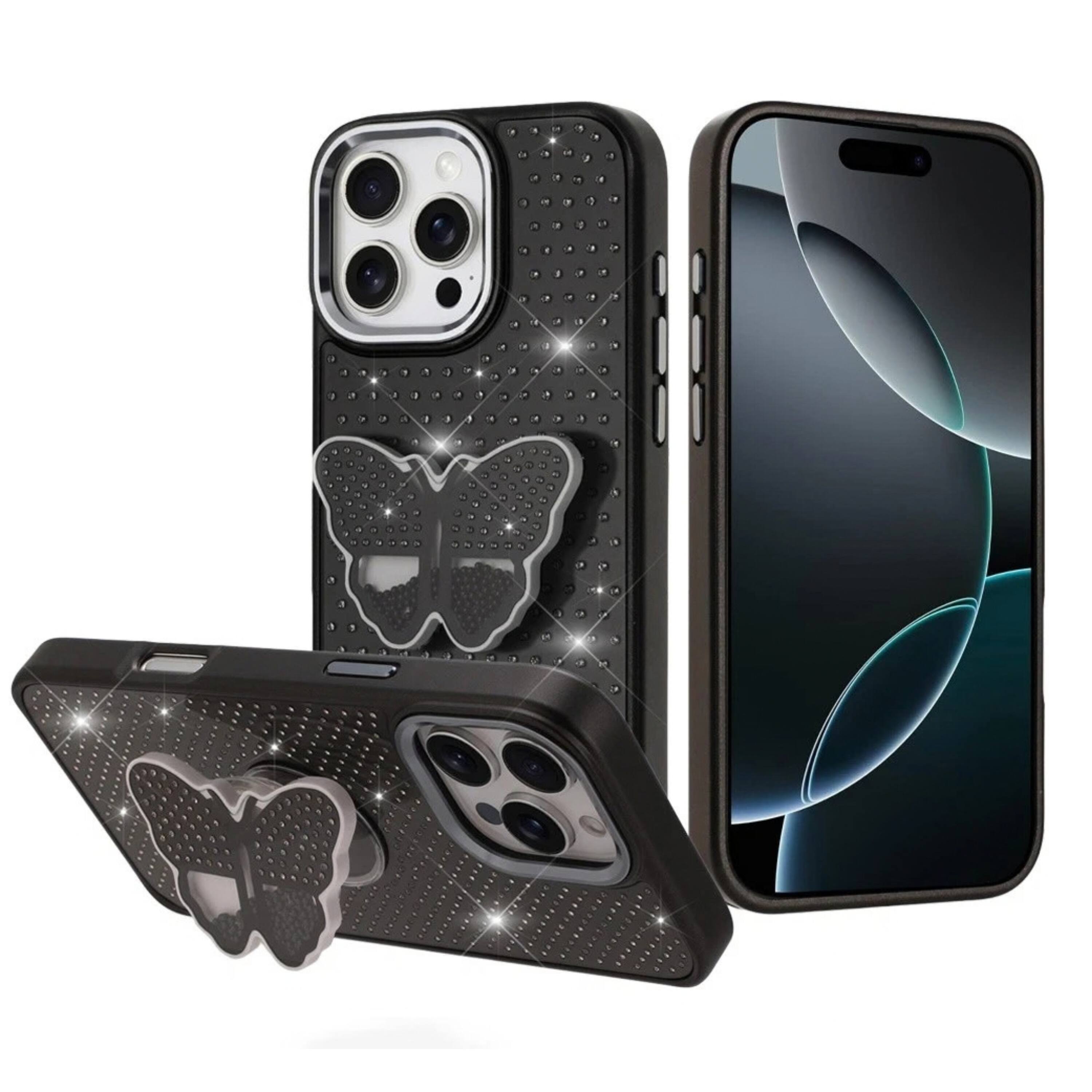Front. Kitcheniva - Butterfly Grip Stand Crystal Phone Case With Tempered Glass For iPhone 16 Pro Max Black - Black.