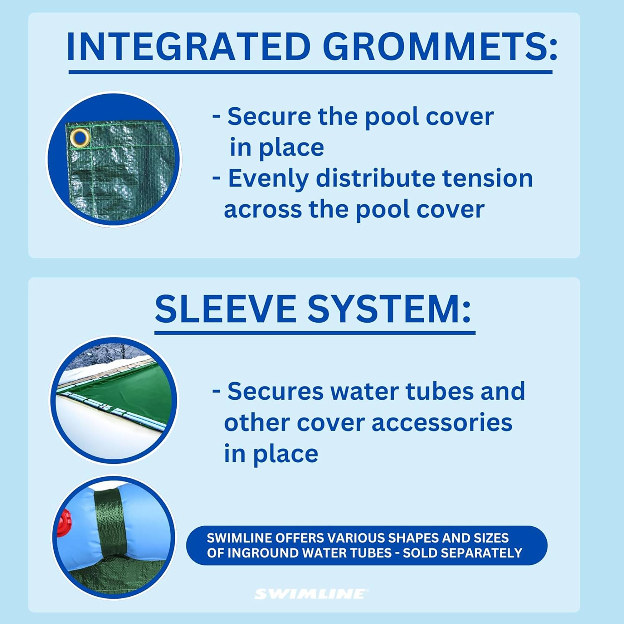 INTEGRATED GROMMETS:
- Secure the pool cover in place
- Evenly distribute tension across the pool cover

SLEEVE SYSTEM:
- Secures water tubes and other cover accessories in place

SWIMLINE OFFERS VARIOUS SHAPES AND SIZES OF INGROUND WATER TUBES - SOLD SEPARATELY