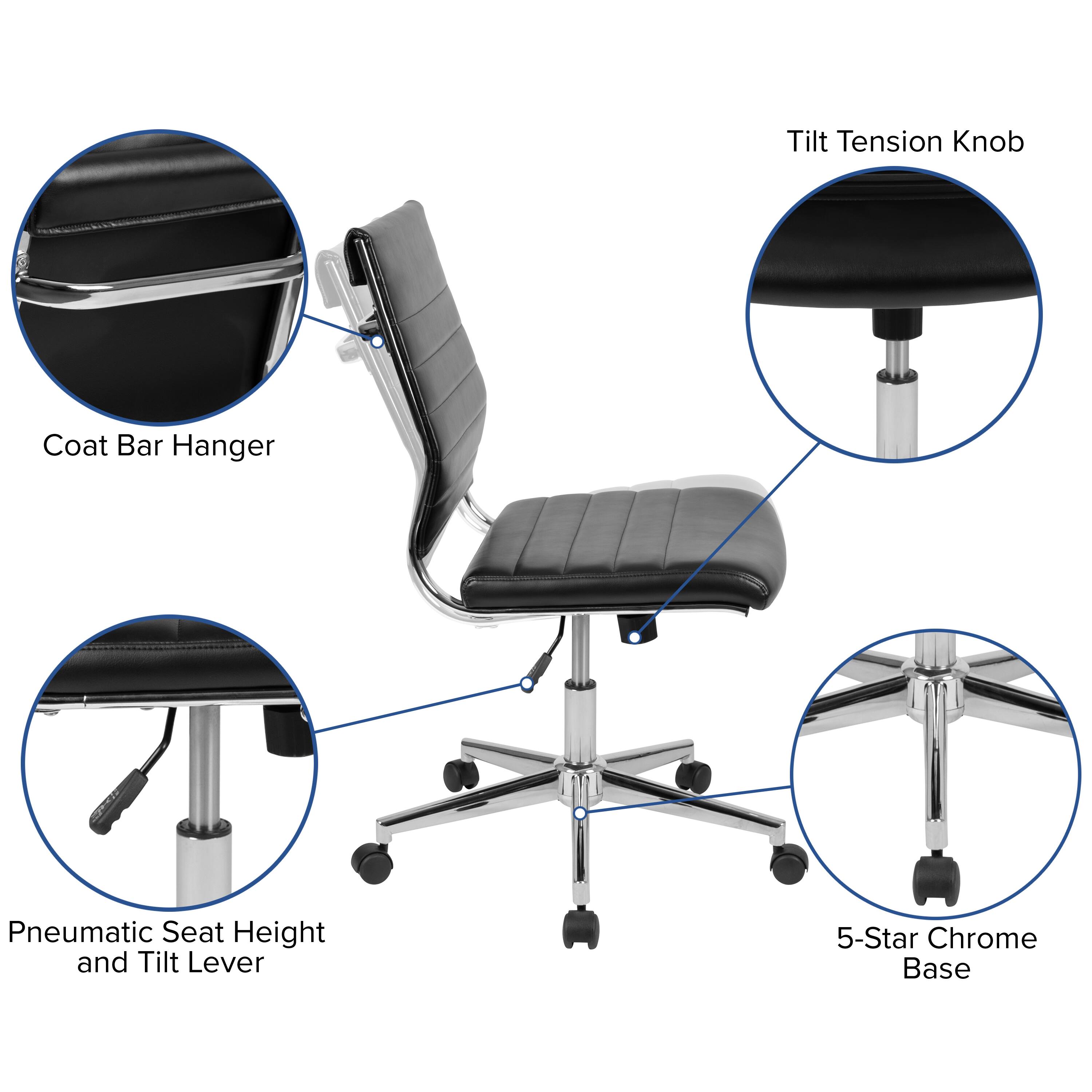 - Tilt Tension Knob
- Coat Bar Hanger
- Pneumatic Seat Height and Tilt Lever
- 5-Star Chrome Base