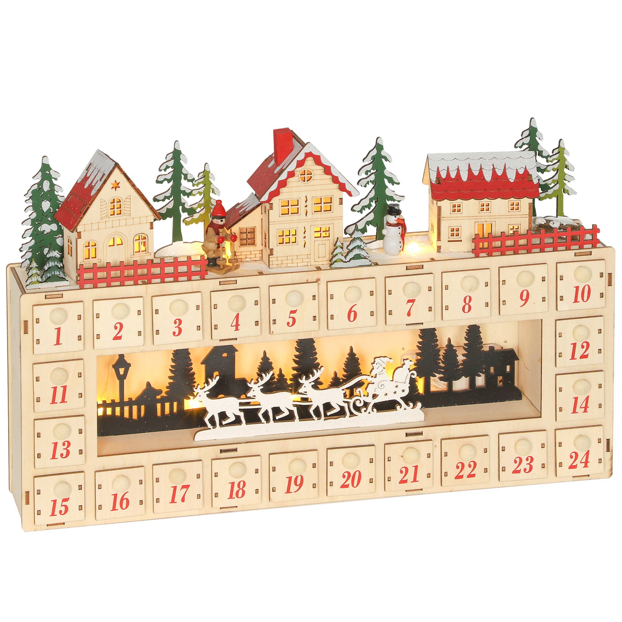 Front. Homcom - Christmas Advent Calendar w/ 24 Drawers, Reusable Lighted Wood-Effect Countdown Calendar - Natural Wood.