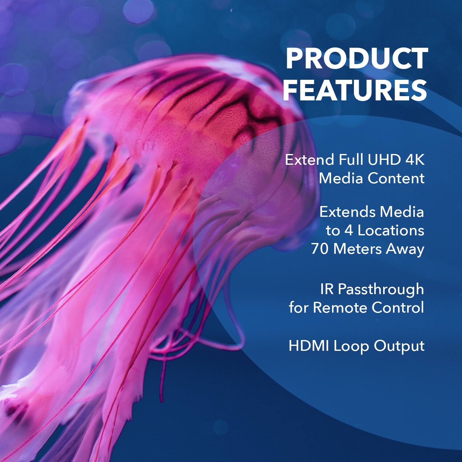 PRODUCT FEATURES

Extend Full UHD 4K Media Content
Extends Media to 4 Locations 70 Meters Away
IR Passthrough for Remote Control
HDMI Loop Output