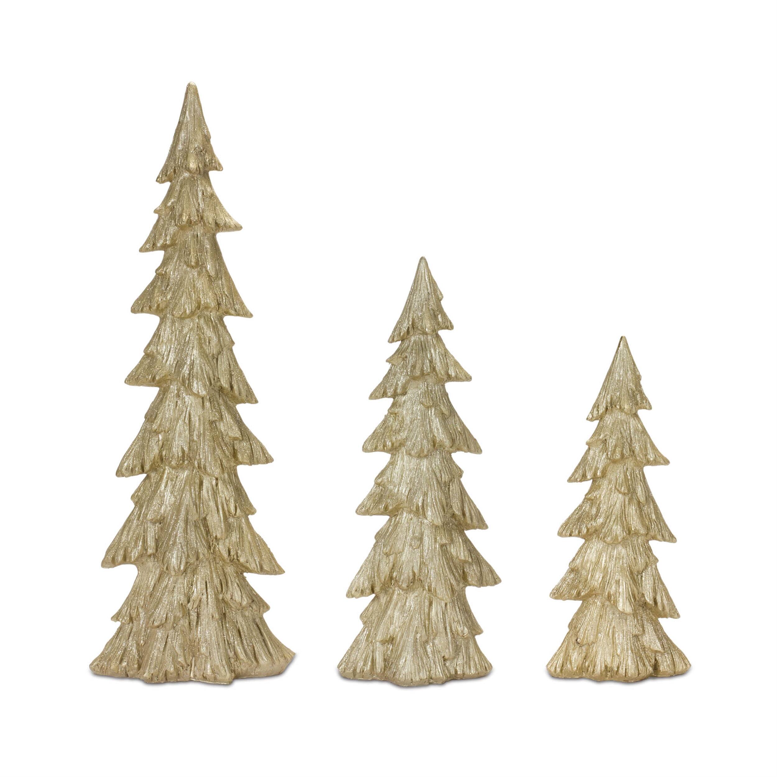 Front. BreeBe - Rustic Gold Pine Tree (Set of 3) - Gold.