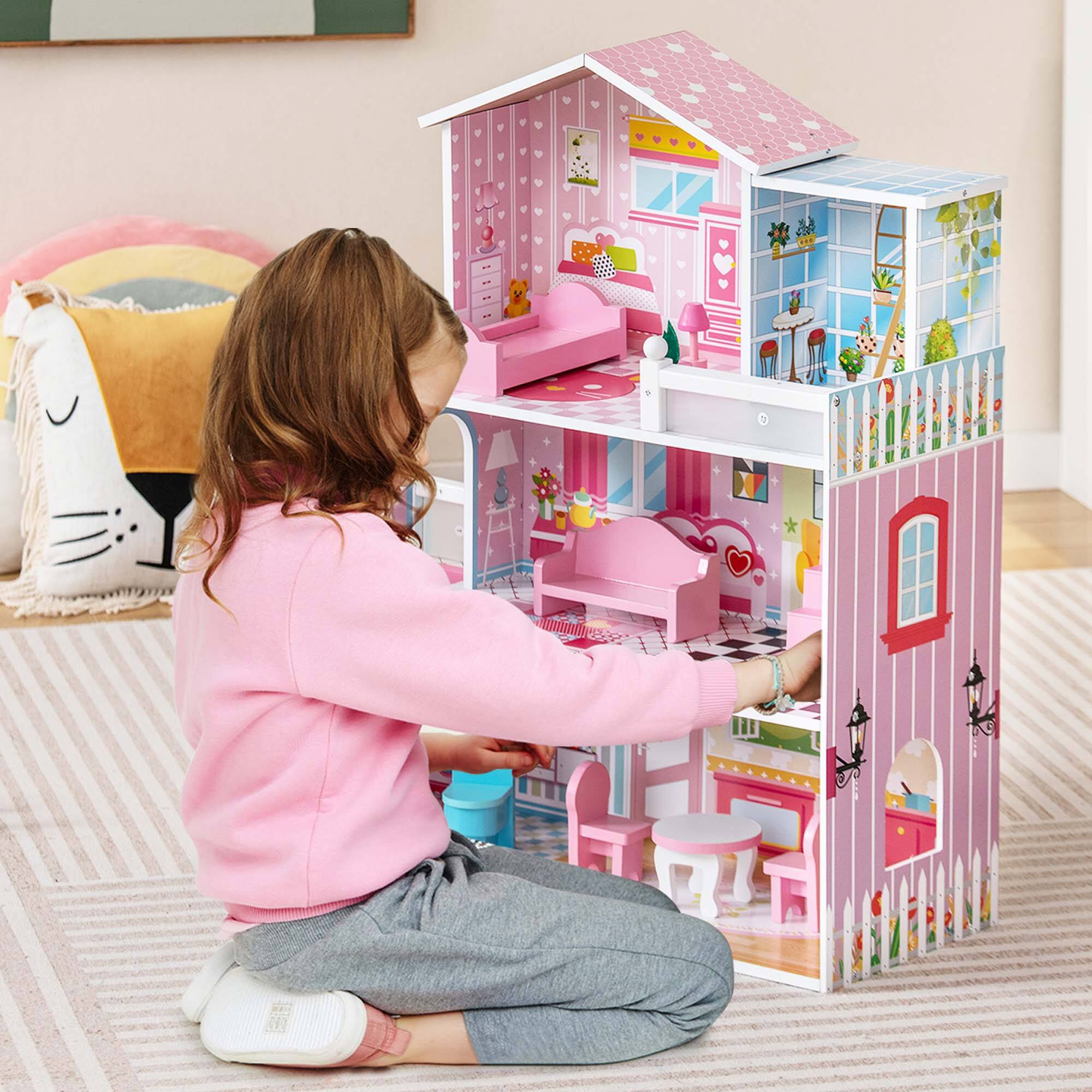 Alt View 4. Costway - Costway Kids Wooden Dollhouse Playset with 5 Simulated Rooms & 10 Pieces of Furniture - Pink.