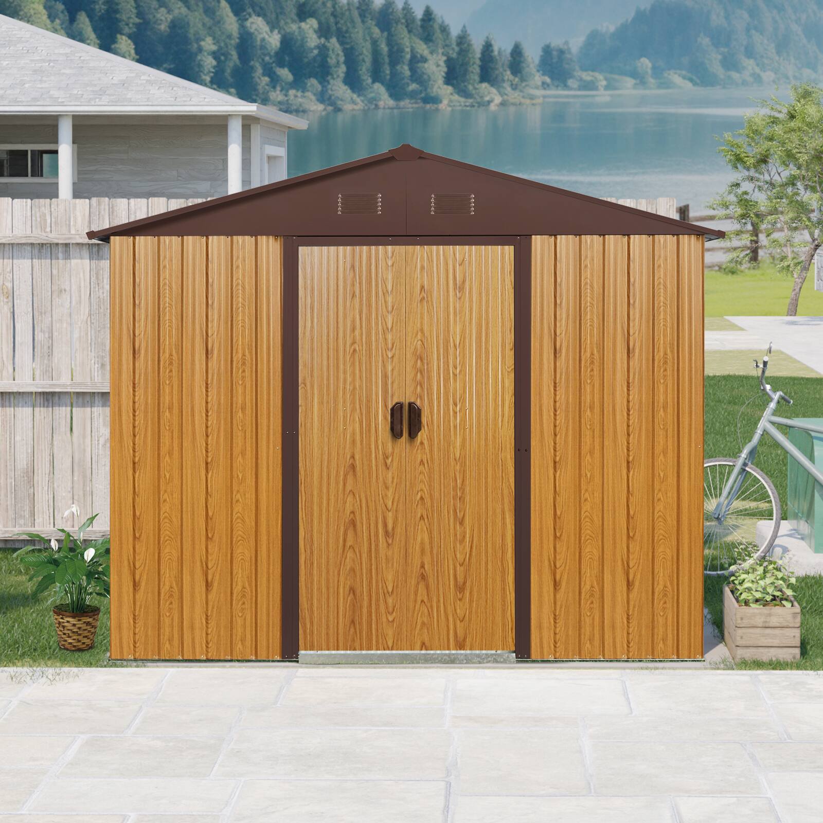 Angle. Mondawe - 8 ft x 4 ft Outdoor Metal Storage Shed with Window and Metal Foundation - Coffee.